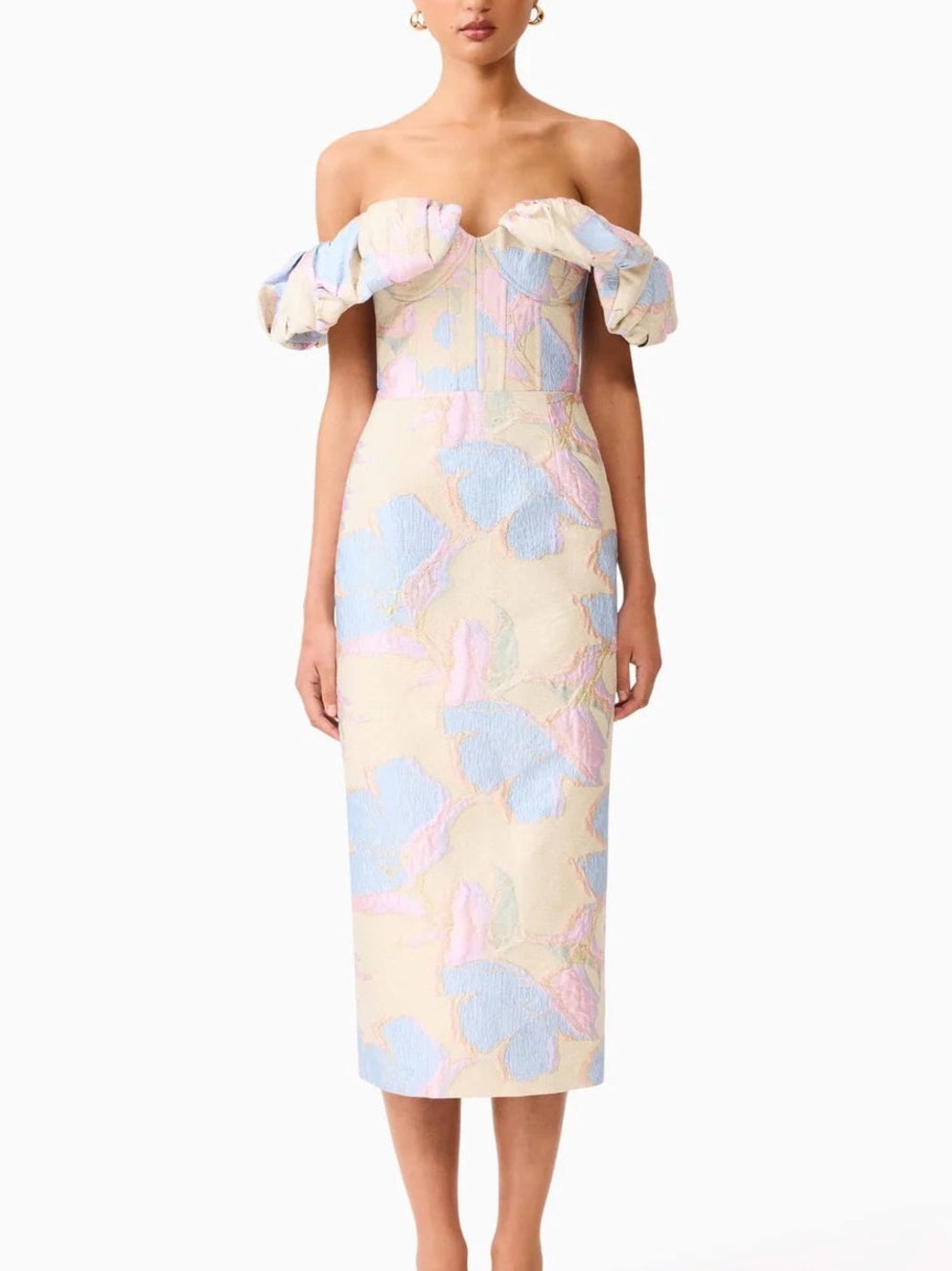 ELLIATT Marlene Strapless Midi Dress in Blue Gold  Floral size S NWT